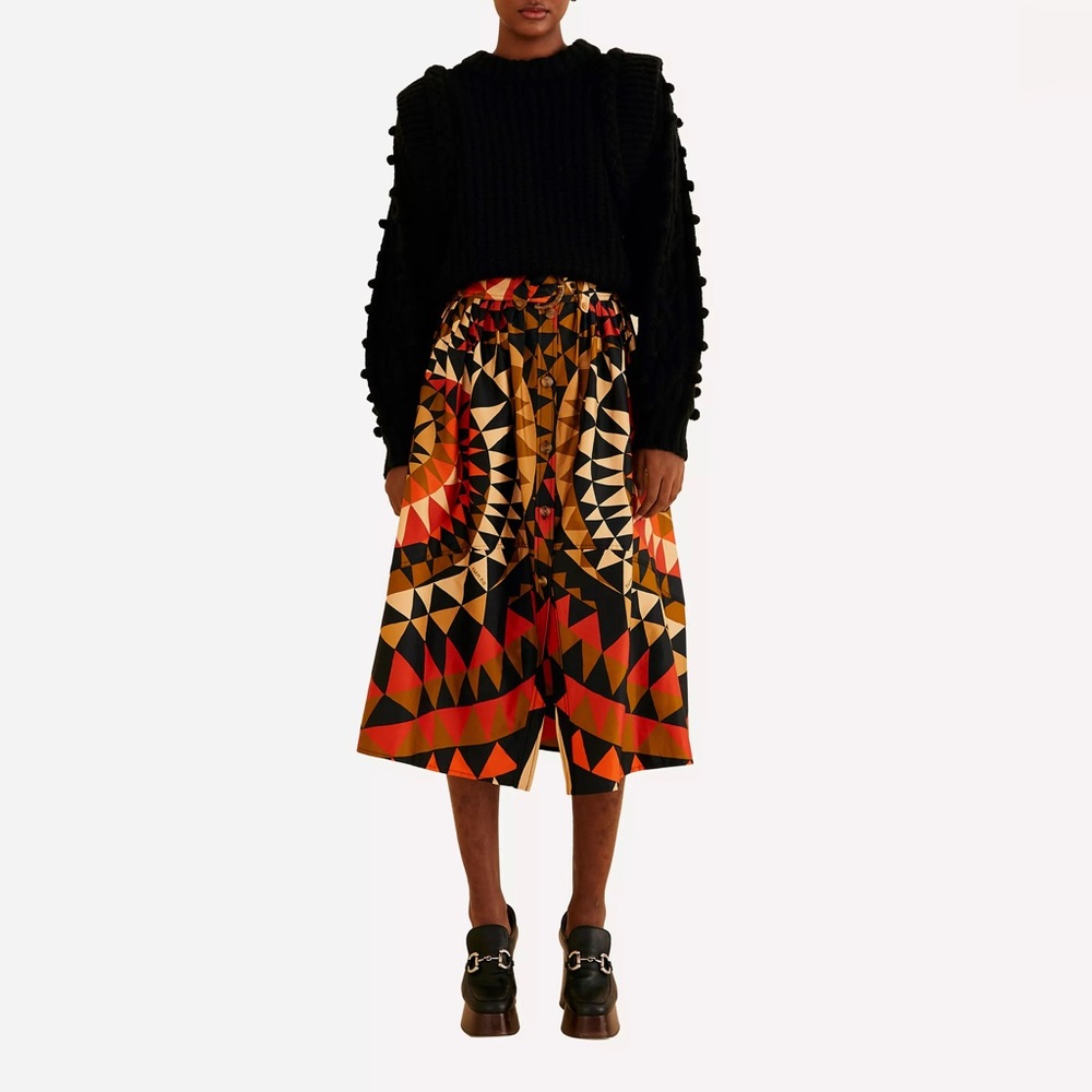 Farm Rio Heart Deco Belted Midi Skirt Black Red Tan Olive